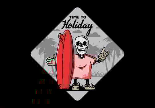Little skull holding a surfing board illustration design vector
