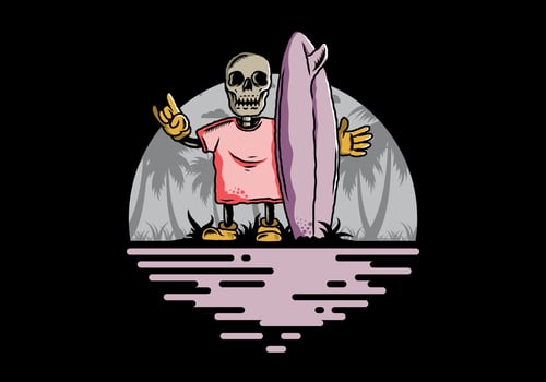 Little skull holding a surfing board illustration design vector