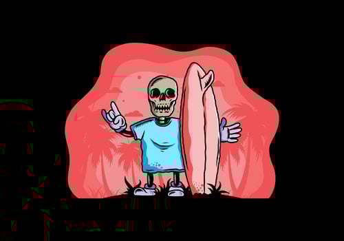 Little skull holding a surfing board illustration design vector