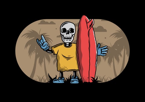 Little skull holding a surfing board illustration design vector