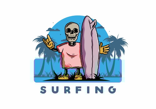 Little skull holding a surfing board illustration design vector