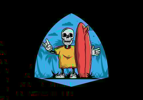 Little skull holding a surfing board illustration design vector