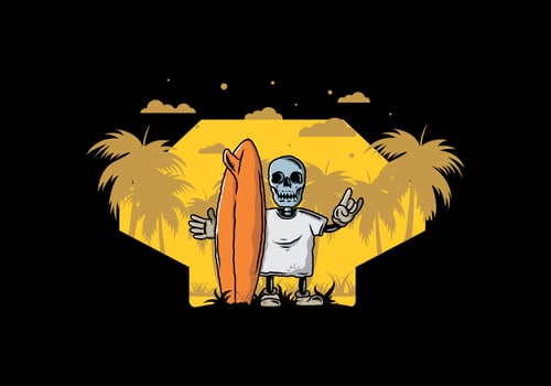 Little skull holding a surfing board illustration design vector
