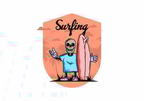 Little skull holding a surfing board illustration design vector