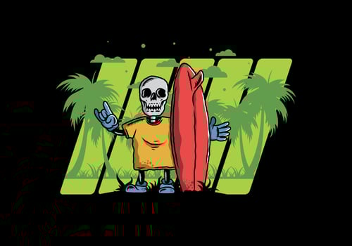 Little skull holding a surfing board illustration design vector