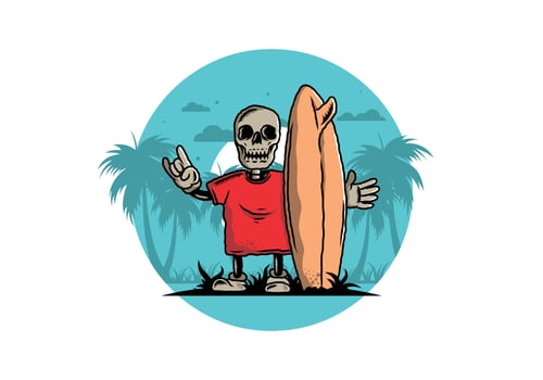 Little skull holding a surfing board illustration design vector