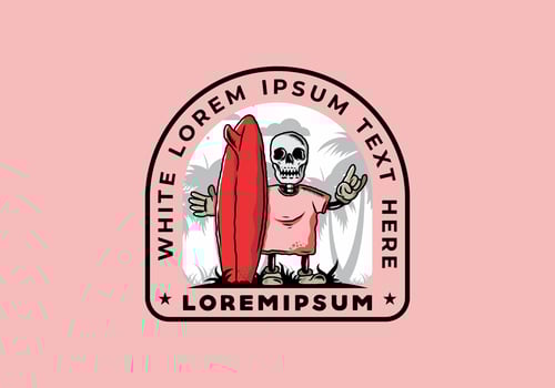 Little skull holding a surfing board illustration design vector