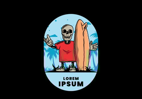 Little skull holding a surfing board illustration design vector