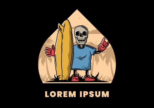 Little skull holding a surfing board illustration design vector
