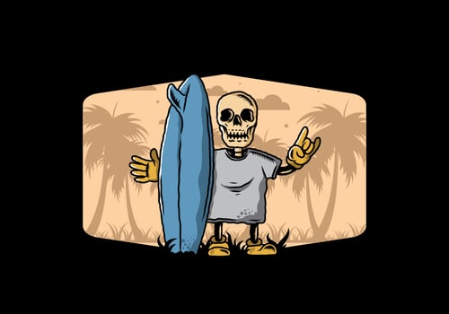 Little skull holding a surfing board illustration design vector