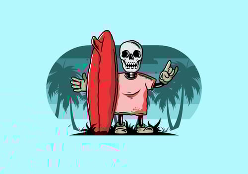 Little skull holding a surfing board illustration design vector