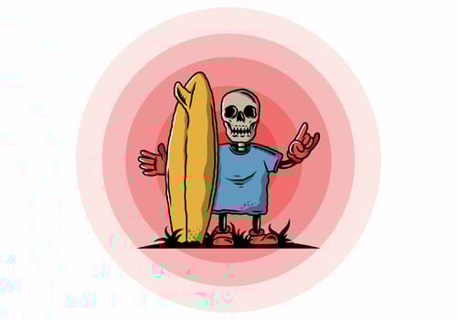 Little skull holding a surfing board illustration design vector