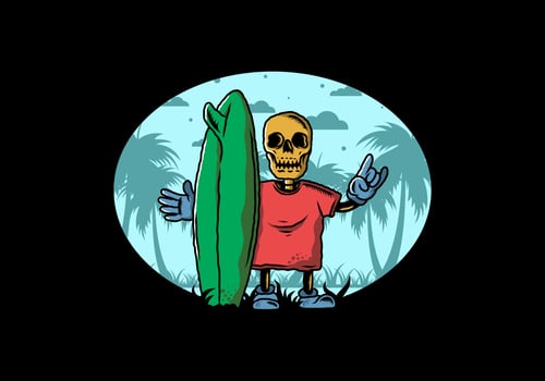Little skull holding a surfing board illustration design vector
