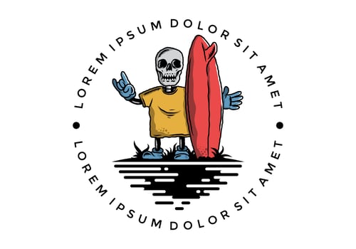 Little skull holding a surfing board illustration design vector