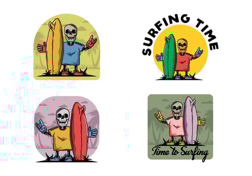 Little skull holding a surfing board illustration design vector