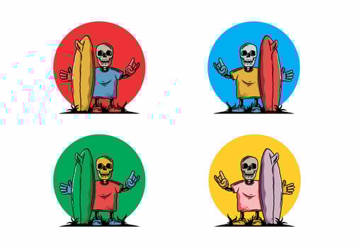 Little skull holding a surfing board illustration design vector