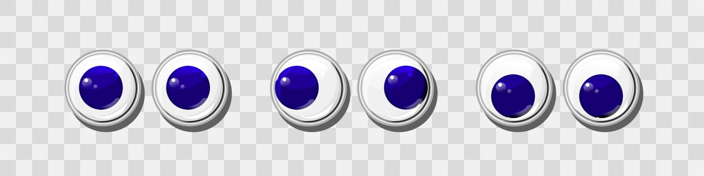 Blue funny plastic eyes for toys, puppet and dolls character vector set . Round  eyeballs. Cartoon design craft and sewing design elements.