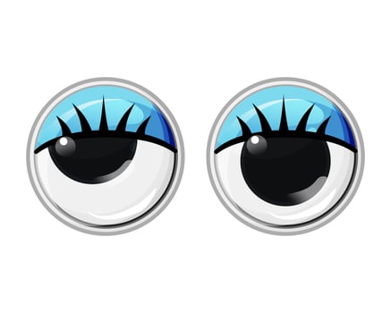 Toy plastic eyes with eyelashes and blue eyelids. Oblique eyes. Vector cartoon illustration on a white isolated background.