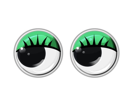 Toy plastic eyes with eyelashes and green eyelids. Vector cartoon illustration on a white isolated background.