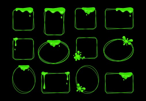 Flowing green slime set of frames. Viscous dripping liquid. Vector cartoon illustration.