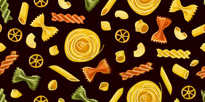 Various pasta seamless pattern. Paste background. For decoration of restaurant menu Italian cuisine packaging. Vector cartoon illustration