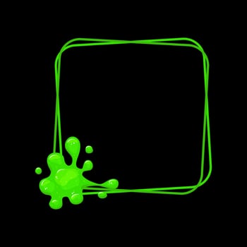 Square frame with a spill green slime. Dripping toxic viscous liquid. Vector cartoon illustration