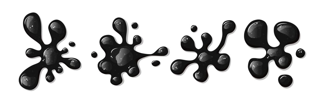 Black sticky slime set. Dark liquid spill. Drop oil. Vector cartoon illustration on a white isolated background.