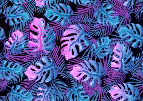 Exotic fluorescent with palm leaves seamless pattern. Tropical neon gradient background. Futuristic digital vector wallpaper