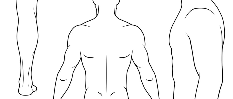 Vector outline illustration male body. Parts of body for tattoo example, sport, medical illustrations. Black and white.