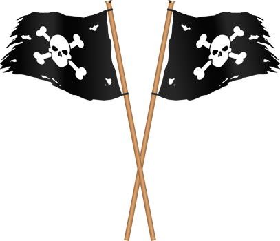 Crossed black pirate flags with bones and skull png