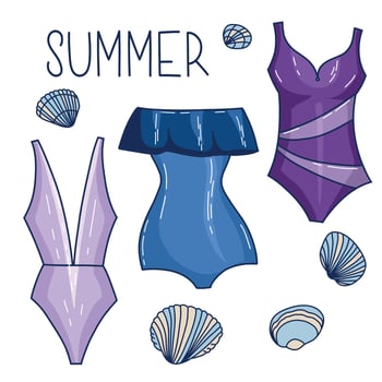 Vector set of cartoon doodle swimsuits and bikini underwear elements, beach beauty brassiere, elegant hand drawn clothing collection