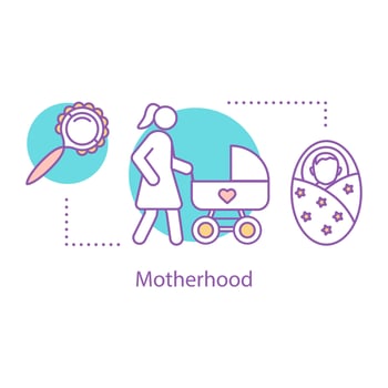 Motherhood concept icon. Childcare idea thin line illustration. Parenthood. Mother walking with baby carriage. Vector isolated outline drawing