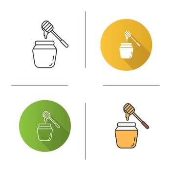 Honey jar with dipper icon. Flat design, linear and color styles. Isolated vector illustrations