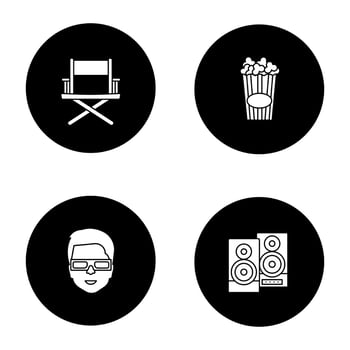 Cinema glyph icons set. Director's chair, stereo system, 3D glasses, popcorn. Vector white silhouettes illustrations in black circles