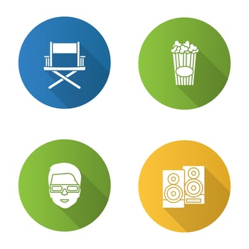 Cinema flat design long shadow glyph icons set. Director's chair, stereo system, 3D glasses, popcorn. Vector silhouette illustration