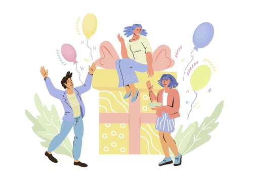 Happy people cartoon characters and large gift box. Bonus or special offer event, present and surprise concept for referral or vip club customers program. Flat vector illustration.
