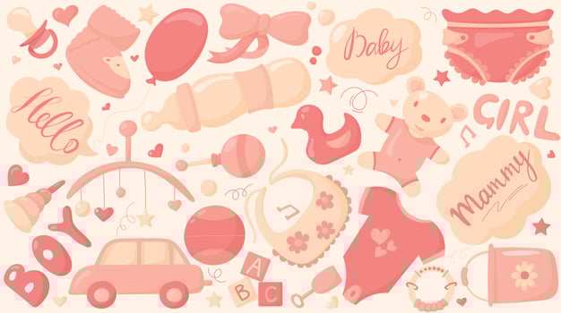 Set of isolated cartoon vector baby toys and accessories.