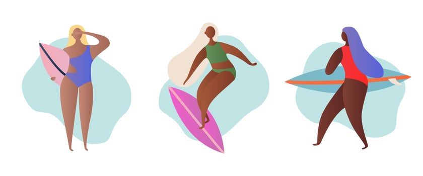 Set of young happy women surfer in Swimsuit with surfboard in her hands. Active recreation, water sports. Summer vacation. Tropical vacation, tourist, travel. Hand drawn flat illustration. vector