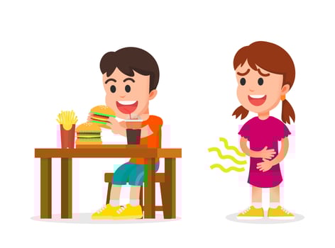 little girl felt hungry when she saw her friend who was eating well vector