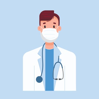 Vector flat illustration of a man doctor in a white coat with a medical mask and a stethoscope on his neck. New normal.
