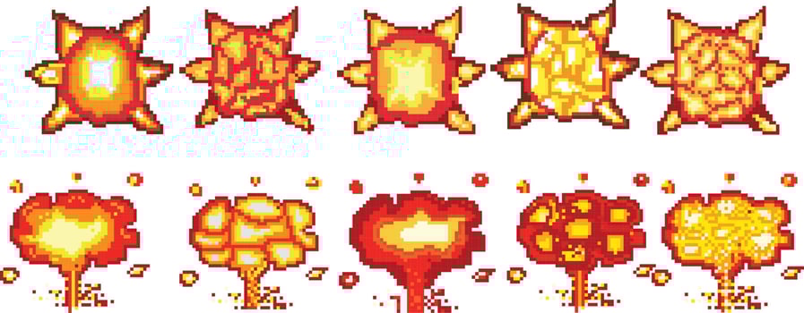 Printexplosion pixel art, Video game explosion animation flame pixel art. vector
