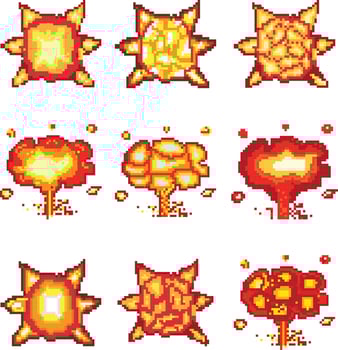 Printexplosion pixel art, Video game explosion animation flame pixel art. vector