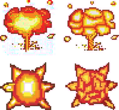 Printexplosion pixel art, Video game explosion animation flame pixel art. vector