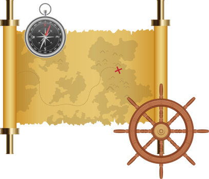 Treasure map, ship wheel and magnetic compass vector illustration png