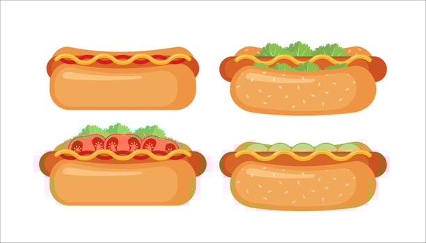 Hot dog icon set in flat style isolated on white background. Fast food symbol. Vector illustration.