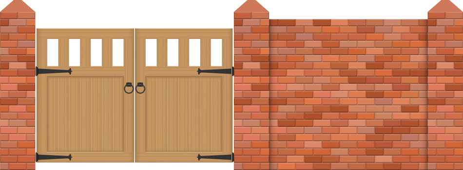 Brick fence with wooden gate vector illustration png