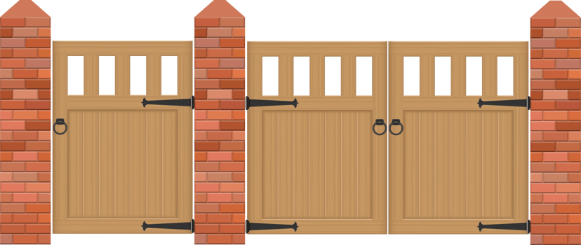 Brick fence with wooden gate vector illustration png