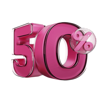 Discount 50 Off Pink Glossy Text 3D Render Promotion Element png