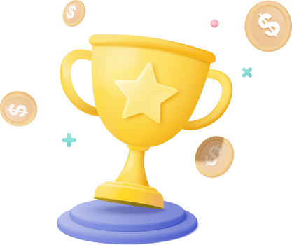 3d winners minimal with golden cup and money coin, gold winners stars on podium background. Award ceremony concept on pedestal with cartoon style. 3d render isolated on background png