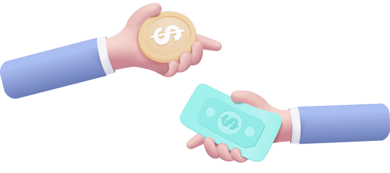 3D money coin hand holding transfer to banknote for online payment concept, Bundles cash and floating coins exchange on pastel background. cashless society concept in 3d render png
